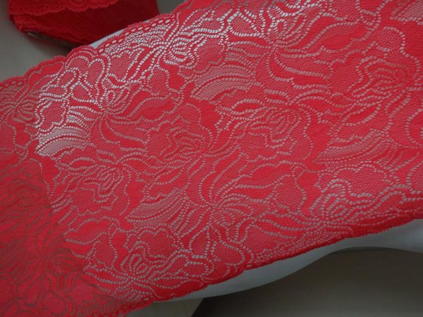 Französische elastische Calais Spitze,Spitzenborte in Flamingo rot 21cm breit