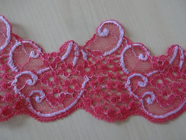 Französische elastische Spitze,Spitzenborte,Lace in Himbeer rot mit etwas weiß 7cm breit