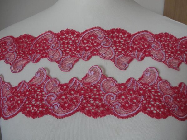 Französische elastische Spitze,Spitzenborte,Lace in Himbeer rot mit etwas weiß 7cm breit