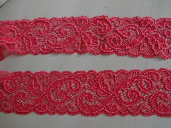 Französische elastische Spitze,Spitzenborte,Lace Flamingo rot 5,5cm breit