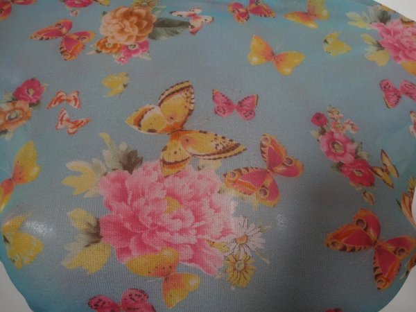 Stoff weicher elastischer Tüll Mesh  Meterware türkis mit Schmetterlinge und Blumen 1,60m breit