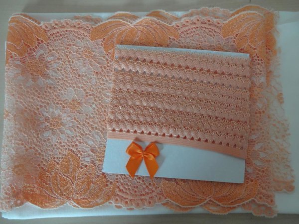 Materialpaket de Luxe aus Stoff ,Spitze ,Gummiband für Slip in weiß orange