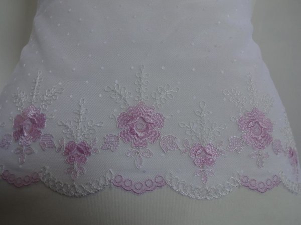 Nicht elastische bestickte Tüll Spitze in weiß mit rosa 18cm breit