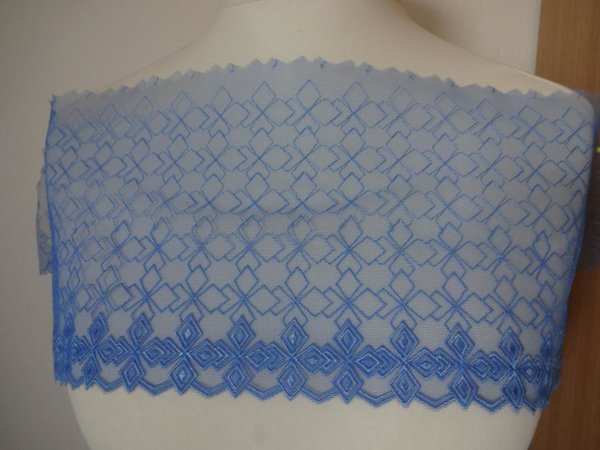 Nicht elastische bestickte Tüll Spitze in Enzian blau 18cm breit
