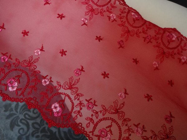 Elastische bestickte Tüll Spitze rot mit  2 Töne rosa   18cm breit