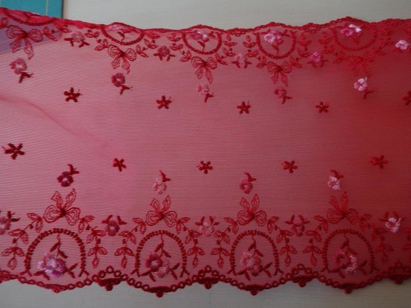 Elastische bestickte Tüll Spitze rot mit  2 Töne rosa   18cm breit