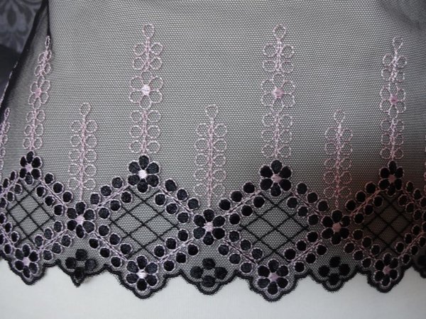 Nicht elastische bestickte Tüll Spitze in schwarz rosa 21cm breit