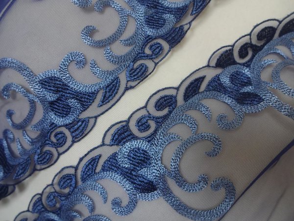Nicht elastische bestickte Tüll Spitze in dunkel blau mit Wellen Muster 19cm breit